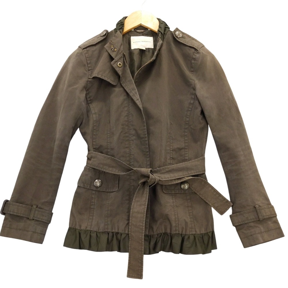 Banana Republic Petite XS Olive‎ Green Utility Jacket Belted Ruffle Hem Military